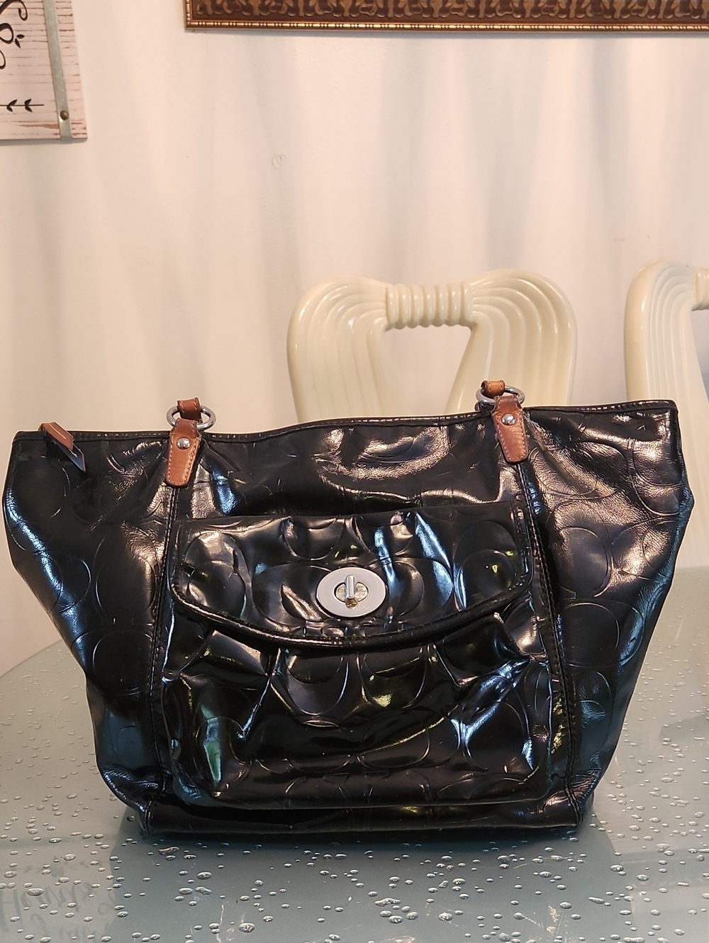COACH Black Women’s Tote Bag with Front Turn-Lock Pocket